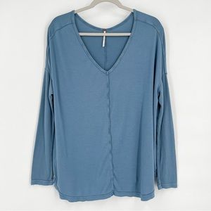 Free People Oversized Blue Long Sleeve V-Neck Top Women’s Size Small